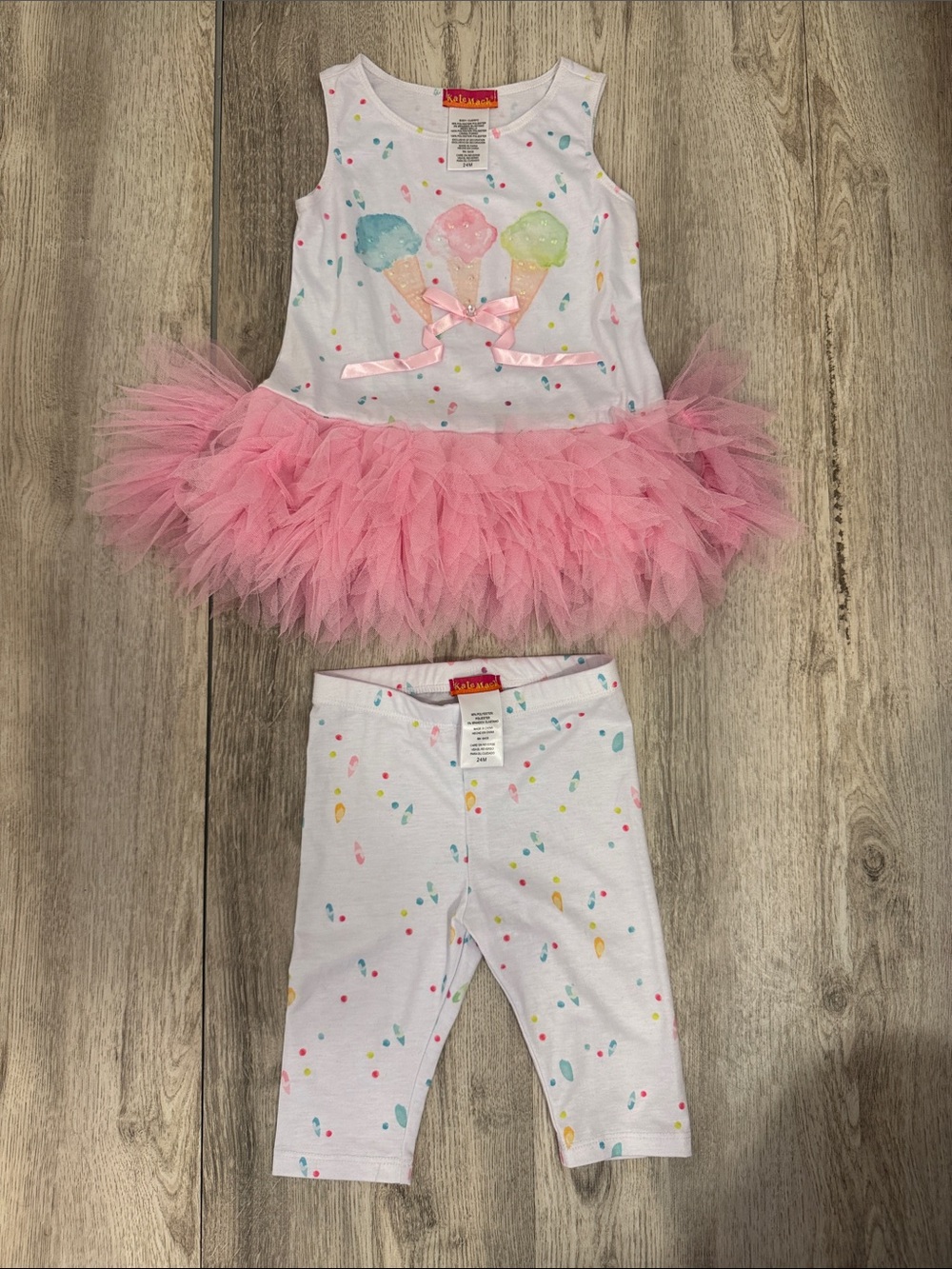 Kate Mack  ICE CREM CONE White Top with Pink Tulle Skirt & Pastel Print Leggings